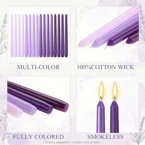 MTLEE 16 Pcs 10 Inch Long Taper Candle Stick Smokeless, Gradient Purple - Image 6