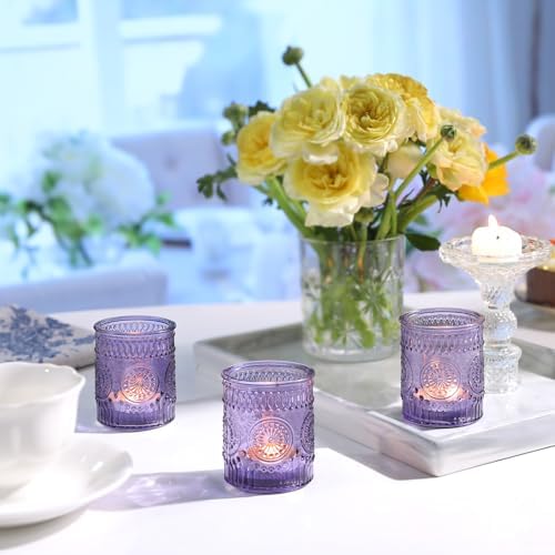 24pcs Purple Votive Candle Holders for Table Centerpieces, Glass Tea Lights Candle Holder for Bridal Shower, Baby Shower Decrations, Boho Tea Party Purple Decor, Gifts for Women - Image 4