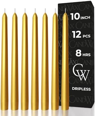 CANDWAX 10 inch Gold Taper Candles Set of 12 - Dripless Christmas Candles Taper - Long Burning and Fragrance-Free - Gold Candlesticks by CANDWAX