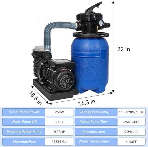 10in Sand Filter Pump for Above Ground Pool with 400g Cotton Balls | 2641GPH, 0.35 HP Pump System for Pools Up to 11835 GAL, 250W Sand Filter with 6-Way Multi-Port Valve, Blue
