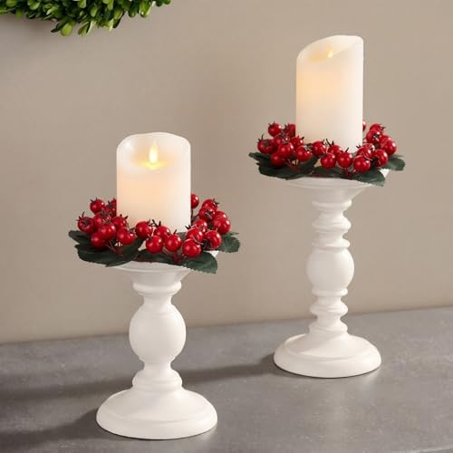 Daifunli 2 Pcs Christmas Red Berry with Leaf Candle Ring Artificial Berry Bell Wreaths for Pillar 3.25 Inch Candles Holder for Winter Christmas Country Wedding Kitchen Table Centerpiece Decor by Huiinen