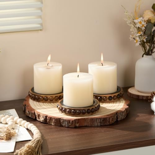 Set of 3 Acacia Wood Candle Holder Plate Stand for Pillar Candles - Image 4