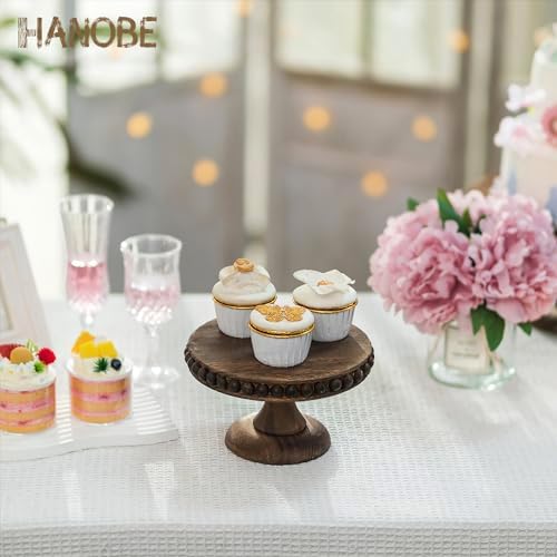 Hanobe Small Wood Cake Stand: Cupcake Pedestal Stand 8 inch Dessert Display Riser Distressed Rustic Round Cakes Holder Tray Vintage Beads Wooden Plate for Wedding Birthday Decor - Image 2