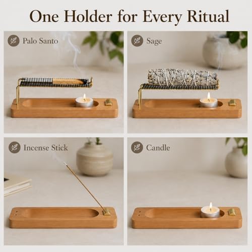 4 in 1 Incense Holder for Sticks, Palo Santo and Sage Holder, Wooden Incense Burner with Ash Catcher, 2 in 1 Incense and Candle Holder, Unique Incense Stick Holder for Yoga Meditation Decor - Image 4