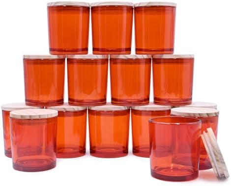 SHOWIN 8 OZ Thick Candle Jars for Making Candles 15 Pcs, Orange Empty Jars with Wood Lids for Candle Making, Sample Container,Clear Orange by Showin