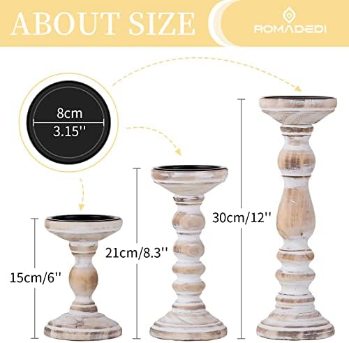 Romadedi Rustic Whitewashed Solid Wood Pillar Candle Holders, Set of 3 - Image 4