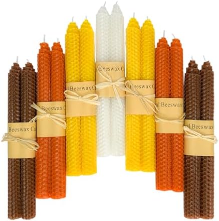 Lacaser Beeswax Taper Candles 14 Pack, 9" Long Candle Sticks, Dripless & Unscented, 4 Hours Burn Time, Fall Colored Candles by PureWaxPureNature