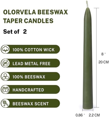 Green Beeswax Taper Candles,8" Long Candlestick,smokeless dripless unscented Natural Beeswax Candles.for Gift,Mother's Day (Green, 12 Pack) - Image 2