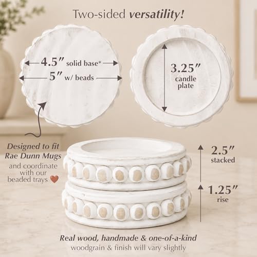 Felt Creative Home Goods Set of 2 Round Rustic Wood Beaded Risers - Sturdy 2-Sided Stackable Decor Pedestal Stands for Tiered Tray, Candle, Mug Display (Rustic White, 5 inch) - Image 2