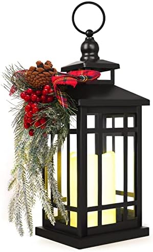 Metal Christmas Vintage Candle Lanterns with Led Light,Red Ribbon Decorative Hanging Lantern for Indoor Outdoor Decorations Party Gift, Christmas Porch Decor, WOKEISE by WOKEISE