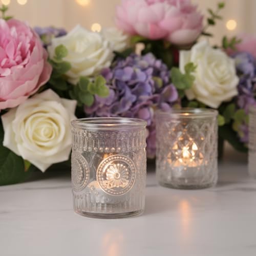 LETINE 16 Pcs Clear Glass Votive Candle Holders, Set of 4 Assorted Embossed Patterns, Tealight Candle Holders Bulk for Wedding Table Centerpieces, Thanksgiving & Party Decorations (2.1” D x 2.56” H) - Image 3