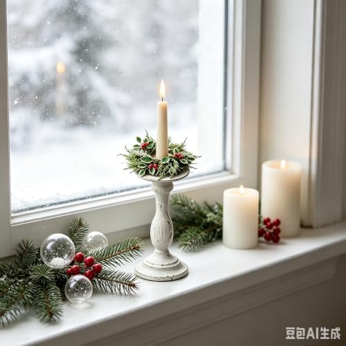 6 Pcs 1.38" Mini Christmas Taper Candle Rings Wreaths Small Artificial with Variegated Holly Leaves Red Berries White Cedar Sprigs Frosted Baby Breath Taper Candle Holder Wreath for Table Candlesticks - Image 2