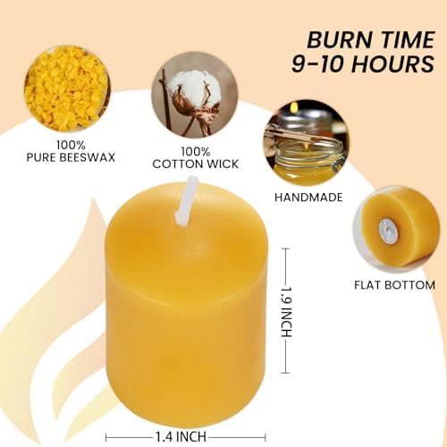 8PCS Pure Beeswax Votive Candles, Mini Pillar, 9H Burn, Self-Standing - Image 2