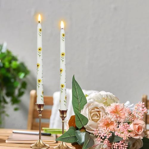 Floral Taper Candle White Sunflower-2 pcs Floral Taper Candles 10 Inch Pastel Taper Candles Smokeless Ideal for Weddings Home Party Holiday Decor - Image 2