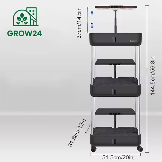 Indoor Hydroponic Garden System, 3-Tier Mobile Growing Cart with LED Lights, Adjustable Shelves, Black (3 Tiers_Black)