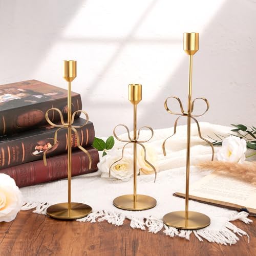 Bow Candle Holder - Bow Candlestick Holder Set of 3 Metal Gold, Modern Decorative Taper Candle Holder for Centerpiece Wedding Dining Table Holiday Housewarming Gift (Gold) - Image 2