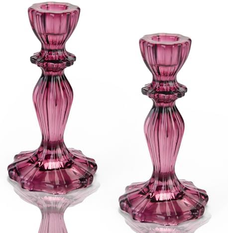 Glass Candle Holders, 2PCS Wide Base Candlestick Holder Decorative Candle Stand Table Centerpieces for Halloween Christmas Wedding Birthday Party, Dark Purple by SHOWLOUE