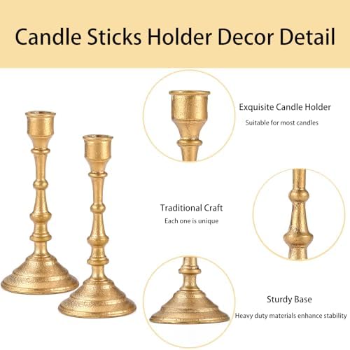 Antique Brass Candle Holders Set of 2 – Heavy Duty Cast Iron Candle Stick Holder for Table Centerpiece Home Decor Gift - Image 4