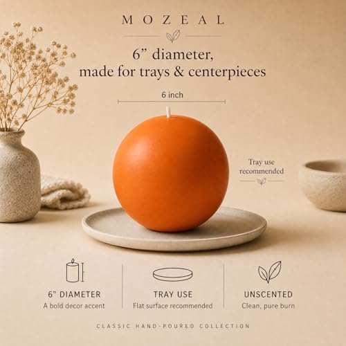 MOZEAL Hand-Poured, 6 Inch Orange Large Round Ball Candles - Elegant Orange Round Pillar Candles, Dripless, Unscented, Smokeless, Ideal for Halloween Decor. - Image 3