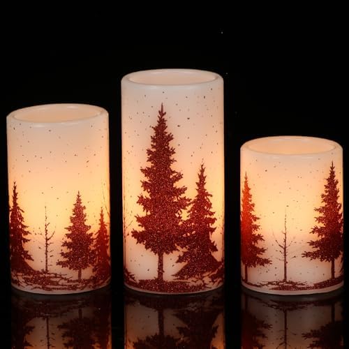 Red Christmas Tree LED Flameless Pillar Candles Battery Operated with Timer by KunSwennLife