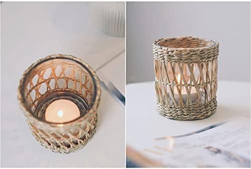 Wicker Rattan Woven Tea Light Candle Holder Set of 2, Handcraft Woven Votive Candle Holder, Rustic Vintage Seagrass Glass Votive Candle Holders for Dining Table Christmas Decoration - Image 2