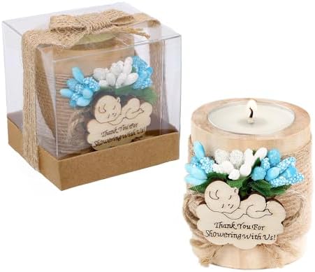 Ju's Favors Wooden Candle Holders (Set of 10), Baby Shower Favors, Boy Christening Favors, Baby Christening Party Favors for Guests.(Light brown-blue) by JusFavors