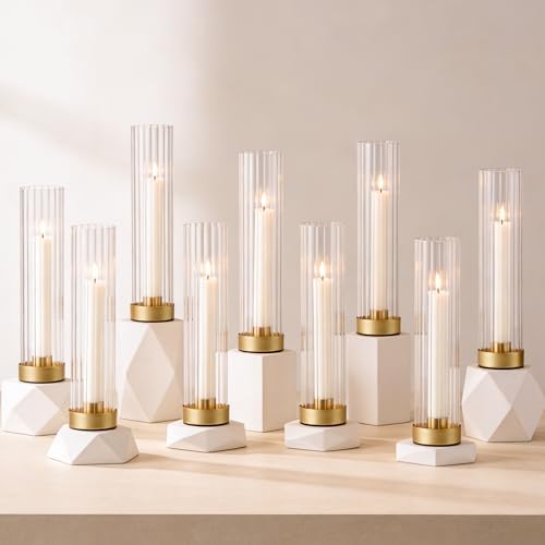 Hurricane Candle Holders Golden Taper Candle Sticks Holder, with 11" Thickened Glass Cylinder Covers Ribbed Candlesticks Holders Bulk Set of 10, Dining Table Centerpiece for Wedding by VIVIRENOIR