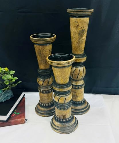 Round Wooden Decorative Candle Holder Rustic Wooden Pillar Candle Holders Set of 3, 18'' 15'' 12'' Farmhouse Wood Candle Stand Vintage Candleholders Decor for Living Room, Black - Image 7