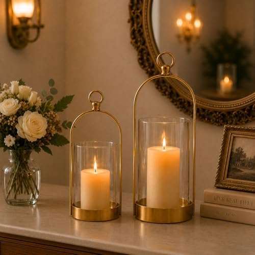 Gold Hurricane Candle Holder, Versatile Metal Candle Holder with Thick Glass Shield for Pillar Candles, Plants, Decorative Candle Lantern for Thanksgiving Christmas Party Table Centerpiece - Image 5