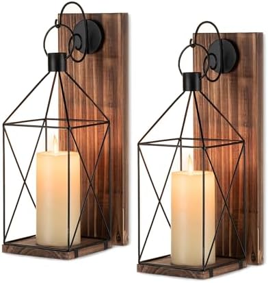 Wood Wall Candle Sconce with Black Lantern, Set of 2 Home Decor by Staymoment