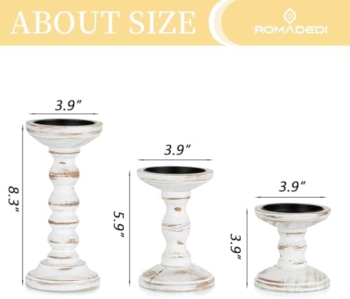 Romadedi Wood Candle Holders for Pillar, Whitewashed, Set of 3 - Image 3