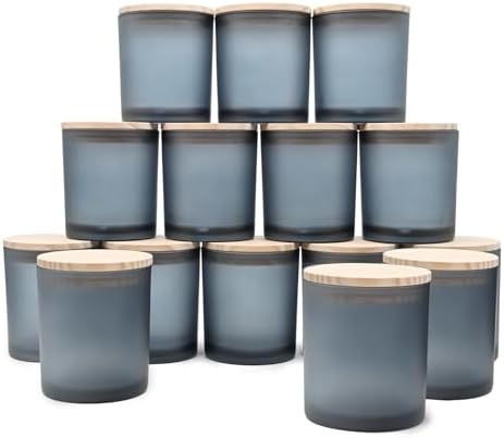 SHOWIN 10 OZ Thick Candle Jars for Making Candles 15 Pcs, Empty Jars with Wood Lids for Candle Making, Sample Container, Frosted Grey by Showin