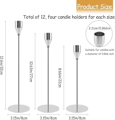 Silver Candlestick Holders Set of 12, Metal Taper Silver Candle Holders, Tall Candle Holder, Fits 2.2cm Thick Candle&Led Candles, for Table Centerpiece, Mantels, Weddings, Dining, Party - Image 3