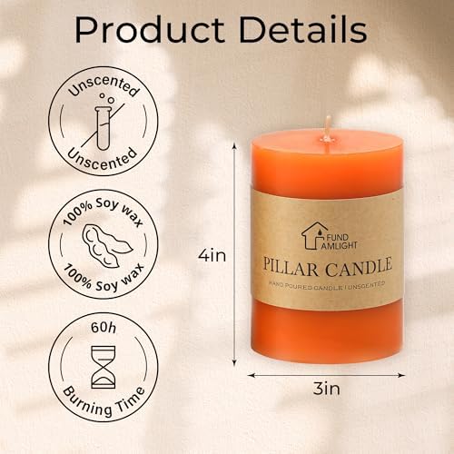 3x4 Inch Orange Fall Pillar Candles Set of 3 - Fall Unscented Pillar Candle - Image 6