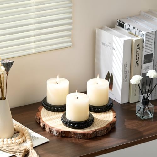 Set of 3 Black Wooden Candle Holder Plate Stand for Pillar Candles - Image 4