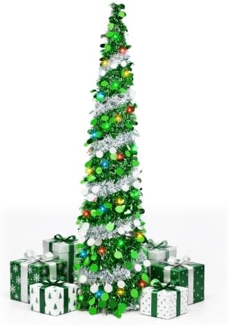 6 ft Pop Up Christmas Tree with 100 LED Lights, Collapsible Artificial Pencil Christmas Tree, Tinsel Skinny Christmas Trees for Home Apartment Porch Indoor Outdoor Holiday Decorations by BTU