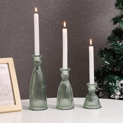 Vertical Stripe Candlestick Holders Set of 3, Premium Glass Candle Holders for Candlesticks and Taper Candles, Vintage Candle Holder Decor for Table Centerpiece, Green - Image 5