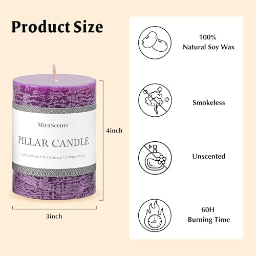 3x4 Inch Purple Pillar Candles Set of 3 - Hand-Poured Unscented Candles, Long Clean Burning, Smokeless Dripless Candle for Dinner Table, Wedding, Home, Bathroom, Advent Decor - Image 6