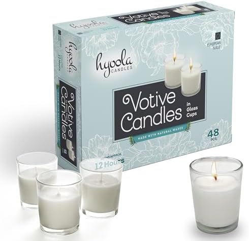 Hyoola White Votive Candles in Glass - Pack of 48 Votive Candle - 12 Hour Burn Time - Unscented Votive Candles - European Made Glass Votives by Hyoola