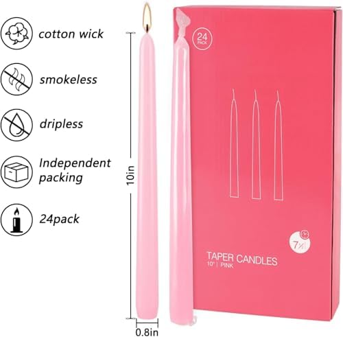 YOROXRG 24 Pack Pink Taper Candles, 7-8 Hours Burn Time, Unscented, Smokeless and Dripless, 0.75 x 10 Inch Dinner Candle Set for Valentine's Day,Household, Wedding, Party and Home Décor Candlesticks - Image 4