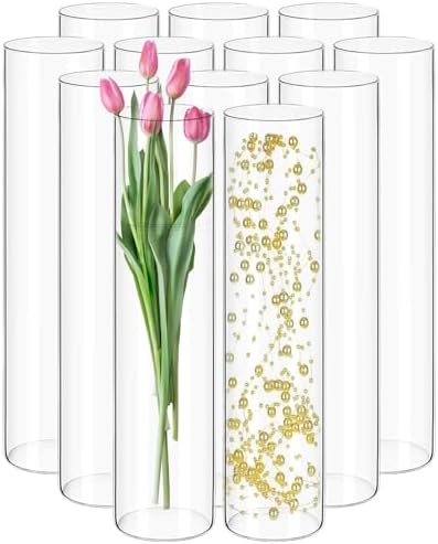 12Pack Glass Cylinder Vases for Centerpieces - 14 Inch Tall Flower Vase for Wedding Decorations, Floating Candle Holder Vase Bulk,Glass Hurricane Candle Holders for Table Shelf, Party, Home Decor by Yemosa