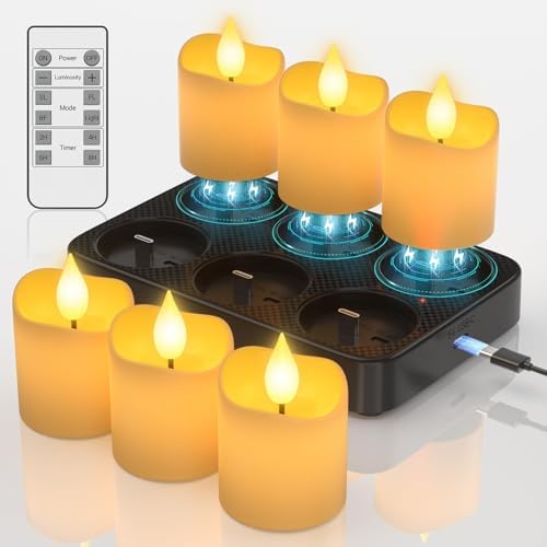 SoulBay Flameless Candles Rechargeable with Remote, 6pcs Electric LED Fake White Votive Candles with Charging Base and Timer, Flickering Decorative Lights for Home Table Holidays Christmas Décor by SoulBay