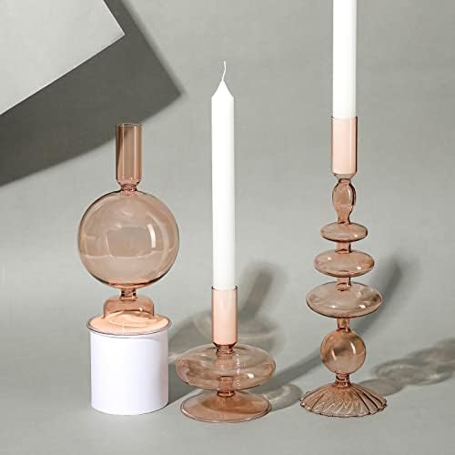 Rtteri 3 Pcs Iridescent Glass Candlestick Holders Taper Candle, Light Brown - Image 4