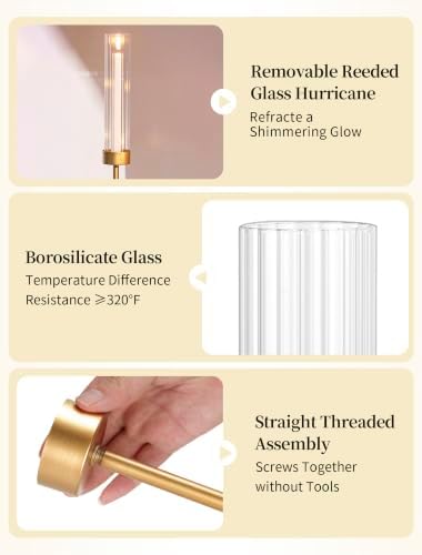 Romadedi Tall Glass Hurricane Candle Holder Gold for Taper Sticks, Set of 3 - Image 6