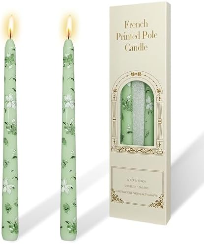 2 Set Light Green White Flower Taper Candles -10 Inch Unscented Exquisite Birthday Gifts Perfect for Valentine's Day Dinner Party Wedding Anniversary by YUKCAXDLS