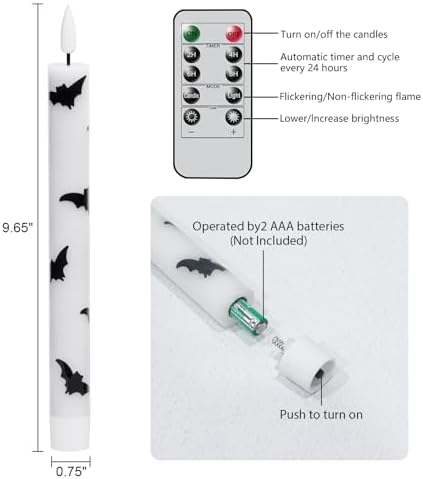 Halloween Flameless Taper Candles with Remote Timer, Bat Prints - Image 2