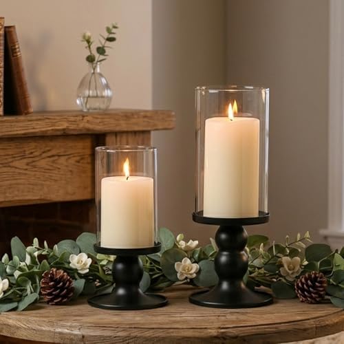 NITIME 2Pcs Hurricane Candle Holder for Pillar Candles, Black Candle Holders with Clear Glass Sleeve for Table Centerpieces,Pillar Candle Holders for Home Decor, Wedding, Holiday and Party Decor by NITIME