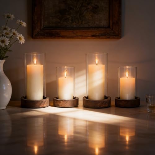 Ronasip Set of 4 Hurricane Candle Holders with Wood Base & Glass Cylinder (4.2x5.9” & 4.6x7.8”) – Rustic Wooden Candle Holders for Home Decor, Weddings, Table Centerpieces - Image 4