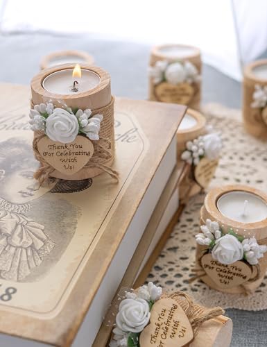 Ju's Favors 10 Piece Set of Wooden Tealight Candle Holders, Wedding Party Guest Favors, Thank You Favors, Guest Return Favors, Bridal Shower, Housewarming Gifts for Guests. (Light Brown+Rose) - Image 4