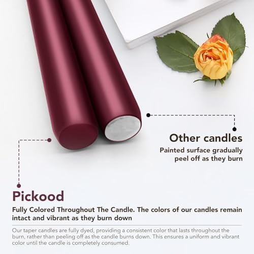 New Burning Formula Unscented Dripless 10-Inch Taper Candles Set of 12 - Burgundy, for Wedding, Dinner - Smokeless, Long Burning - Hand Poured, Colored Tall Candlesticks - Burdeos - Image 3
